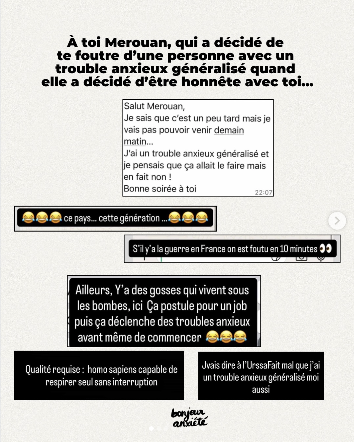 Capture d'écran des stories Instagram de Merouan Bounekraf, publiée à l'origine par le compte Bonjour Anxiété et relayée par Balance Ton Agency
